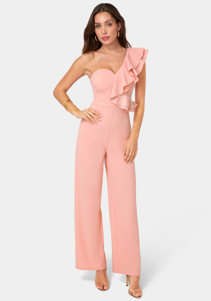One Shoulder Ruffle Jumpsuit Rose - bebe