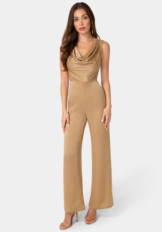 Ceycrepe Satin Cowl Jumpsuit Mocha - bebe