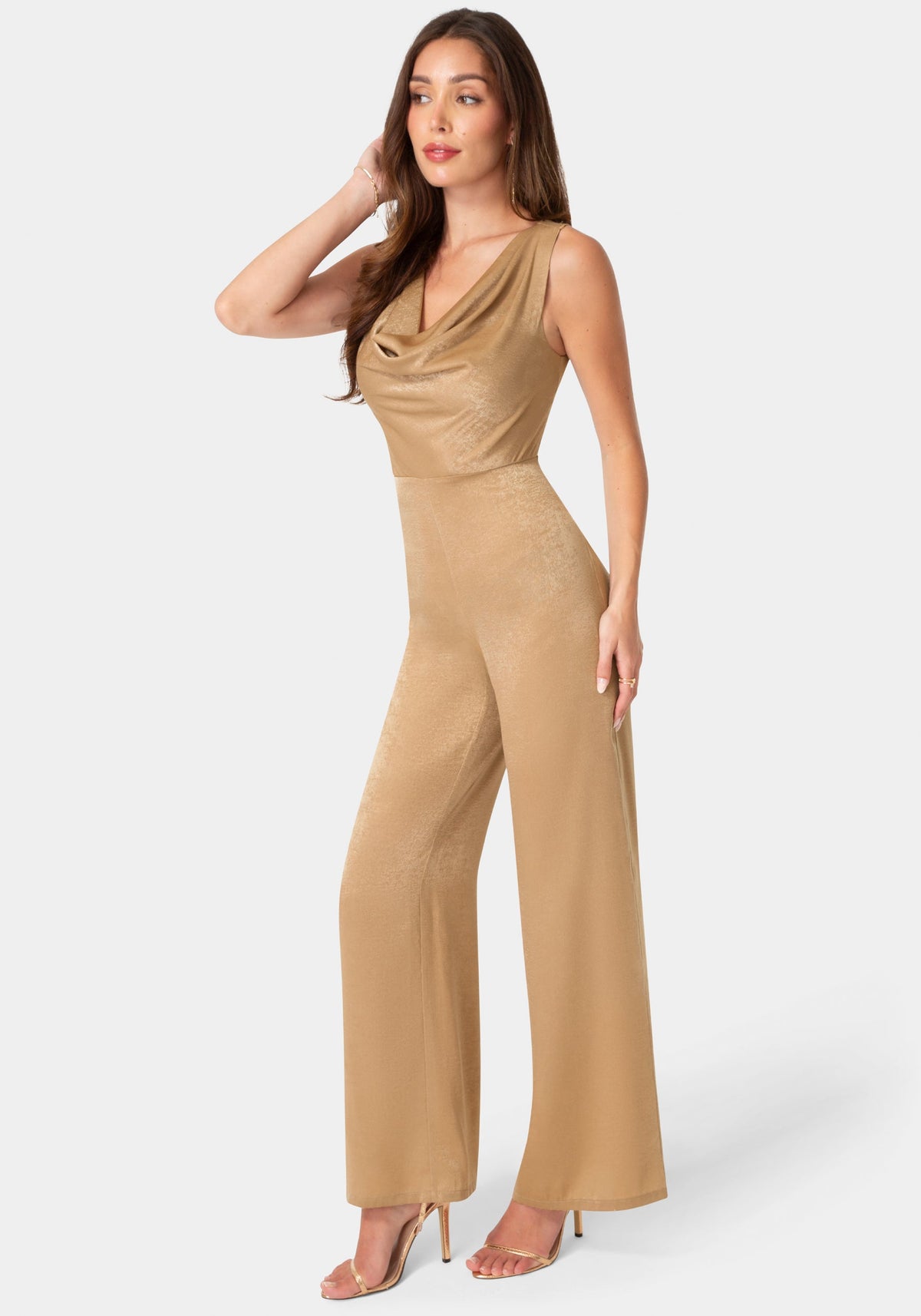 Ceycrepe Satin Cowl Jumpsuit Mocha - bebe