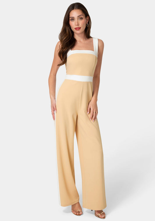 Colorblock Square Neck Jumpsuit Nude/White - bebe