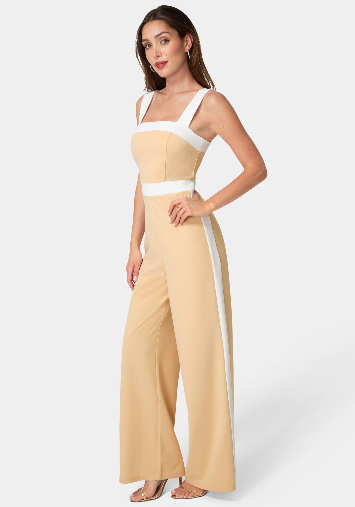 Colorblock Square Neck Jumpsuit Nude/White - bebe