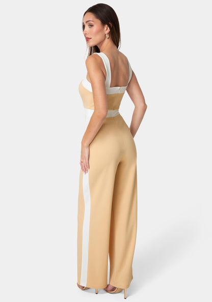 Colorblock Square Neck Jumpsuit Nude/White - bebe