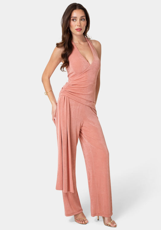 Slinky Drop Waist Halter Jumpsuit Rose - bebe