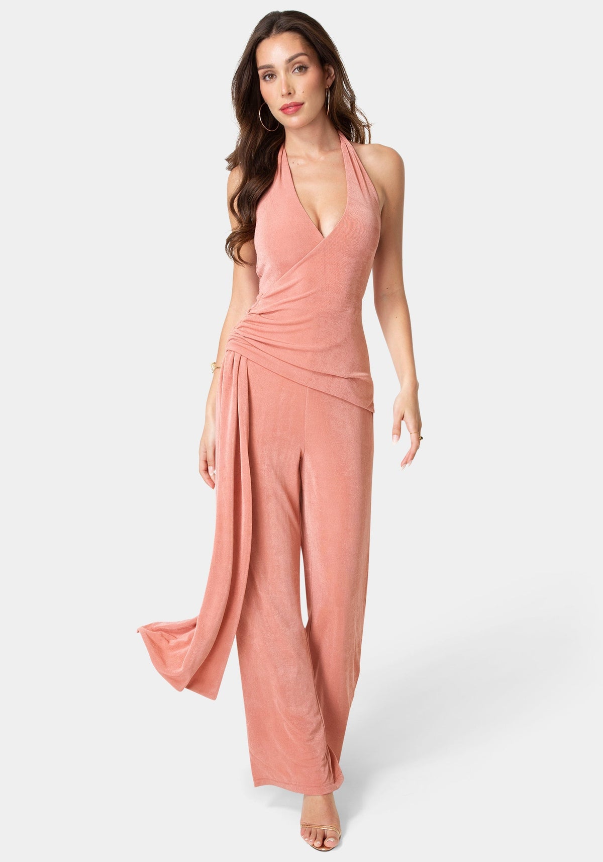 Slinky Drop Waist Halter Jumpsuit Rose - bebe
