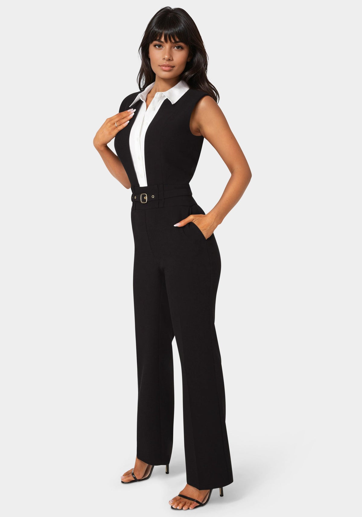 Tailored Two Tone Straight Leg Jumpsuit Black / White Alyssum - bebe