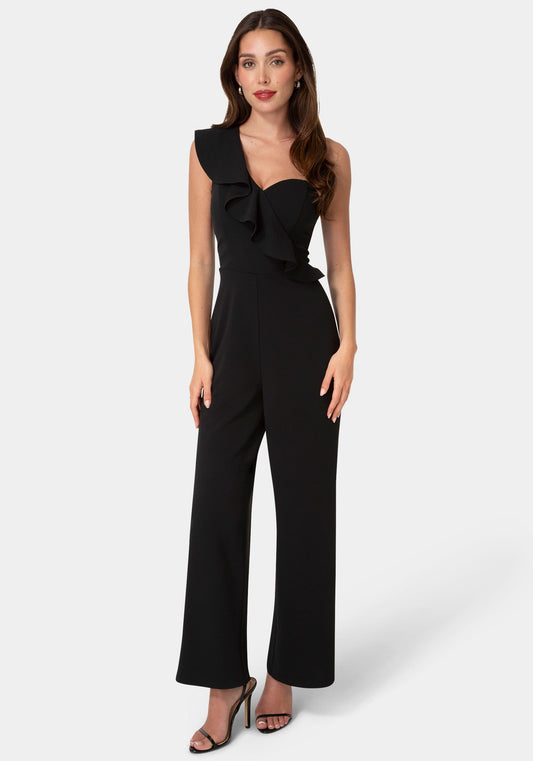 One Shoulder Ruffle Jumpsuit Black - bebe