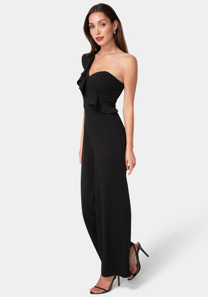 One Shoulder Ruffle Jumpsuit Black - bebe