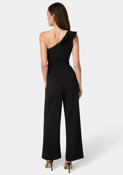 One Shoulder Ruffle Jumpsuit Black - bebe