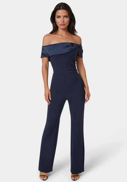 Off Shoulder Straight Leg Jumpsuit Navy Iris - bebe