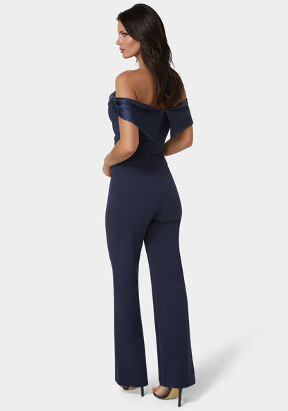 Off Shoulder Straight Leg Jumpsuit Navy Iris - bebe