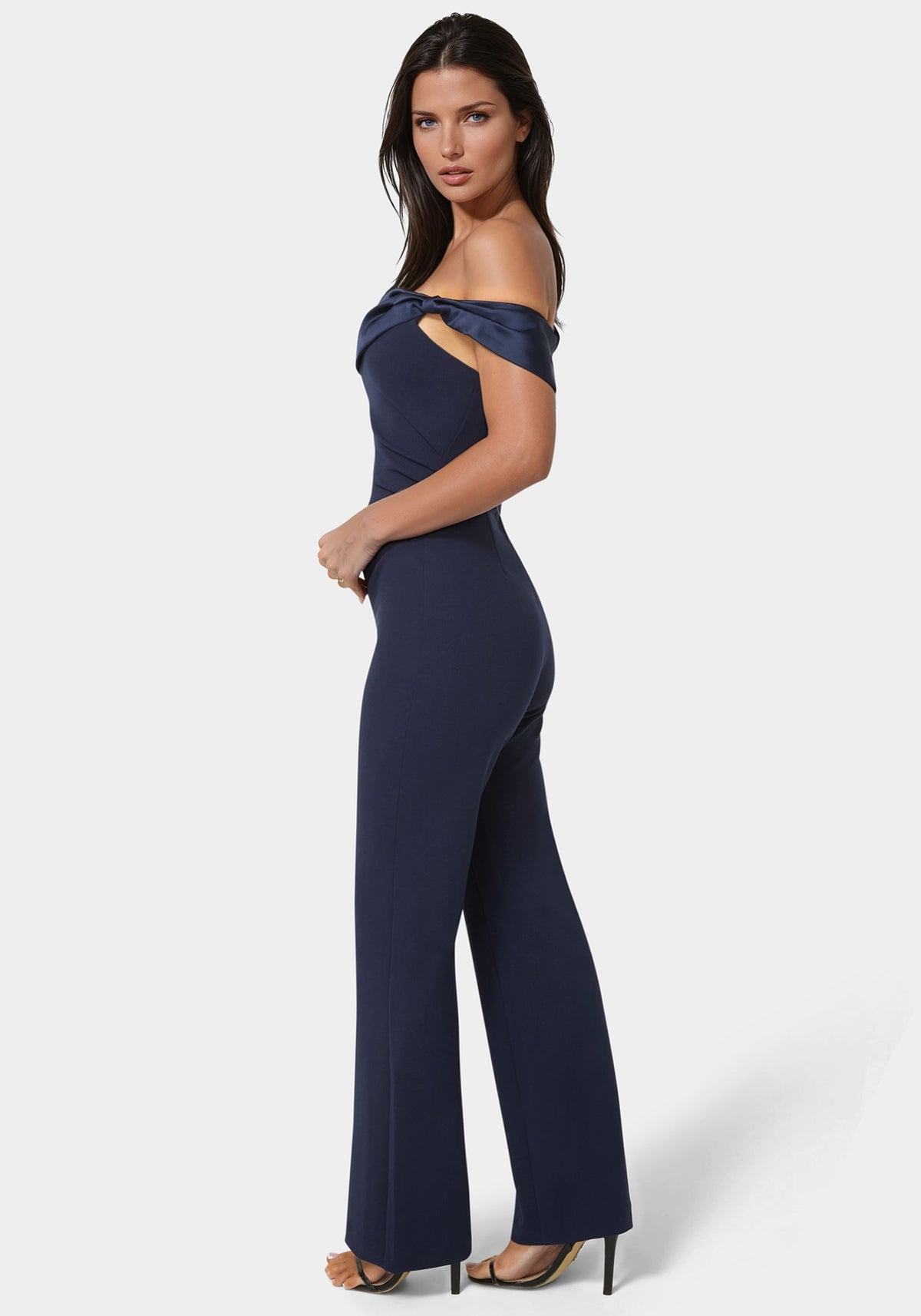 Off Shoulder Straight Leg Jumpsuit Navy Iris - bebe