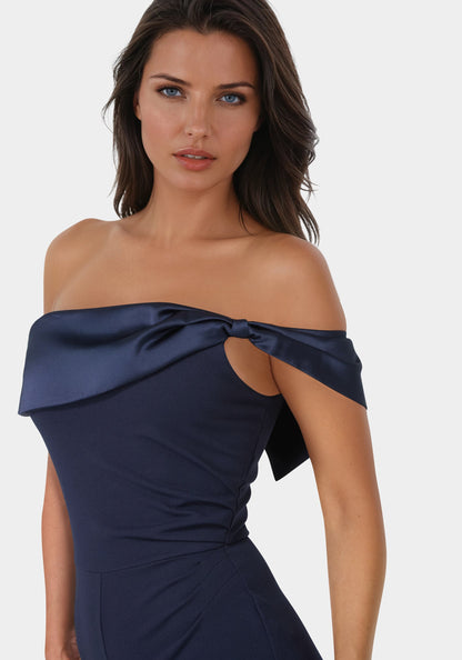 Off Shoulder Straight Leg Jumpsuit Navy Iris - bebe