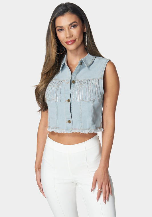 The Cropped Trucker Vest Light Wash - bebe