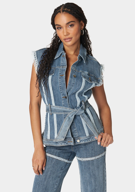 Semi Fitted Lace Applique Denim Vest River Blue Wash - bebe