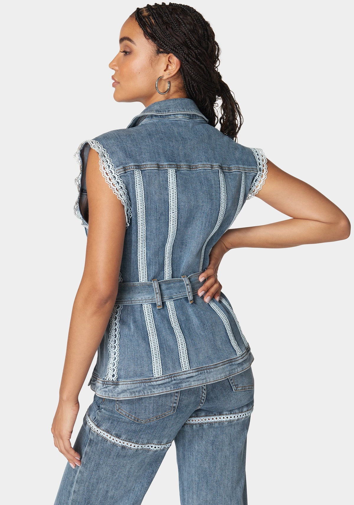 Semi Fitted Lace Applique Denim Vest River Blue Wash - bebe
