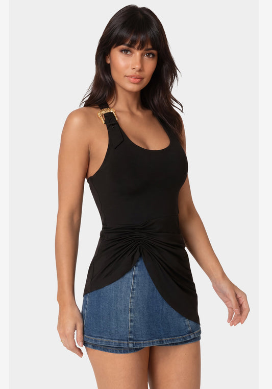 Gathered Tunic Halter Neck Knit Top Black - bebe