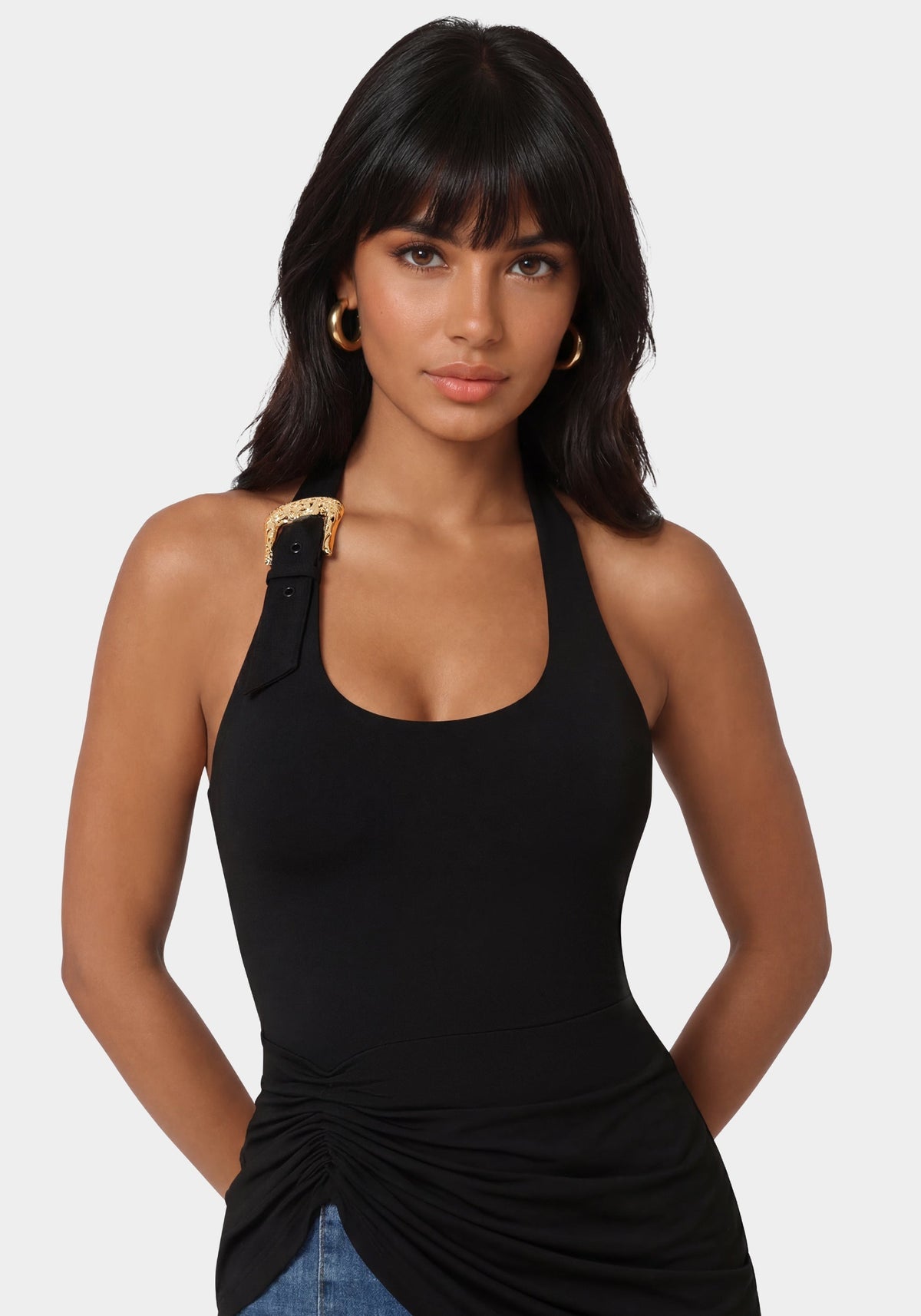Gathered Tunic Halter Neck Knit Top Black - bebe