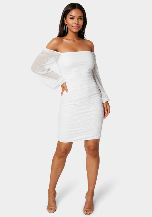Blouson Sleeve Ruched Mini Dress White - bebe White - bebe