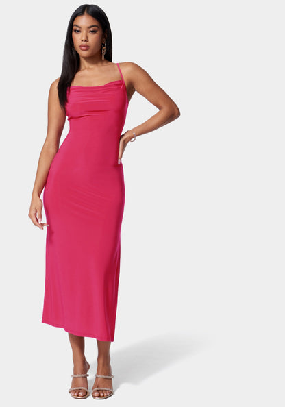 Cowl Neck Spaghetti Strap Slit Maxi Pink - bebe
