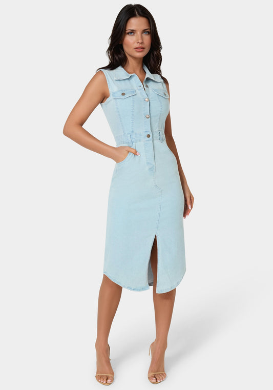 The Sleeveless Midi Shirt Dress Light Wash - bebe