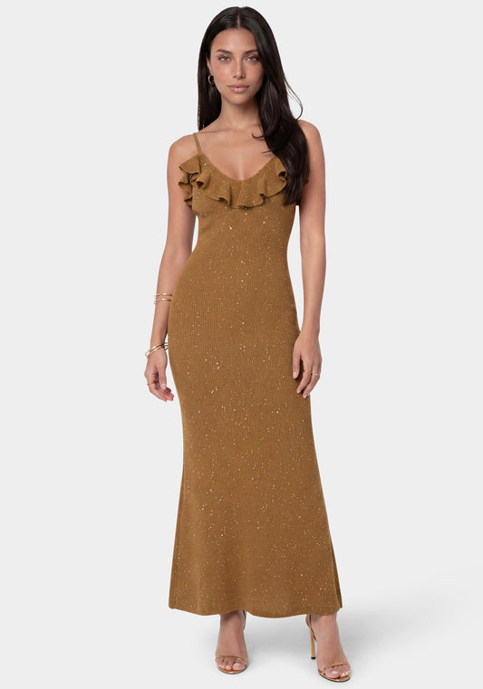 Sequin Crochet Ruffle Neck Gown Gold - bebe