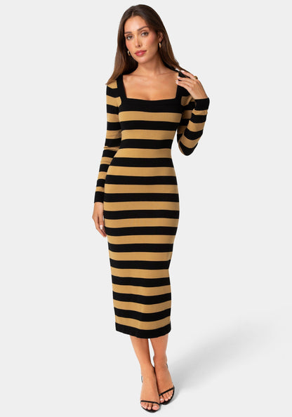 Stripe Sweater Cap Sleeve Maxi Dress Black/Brown - bebe