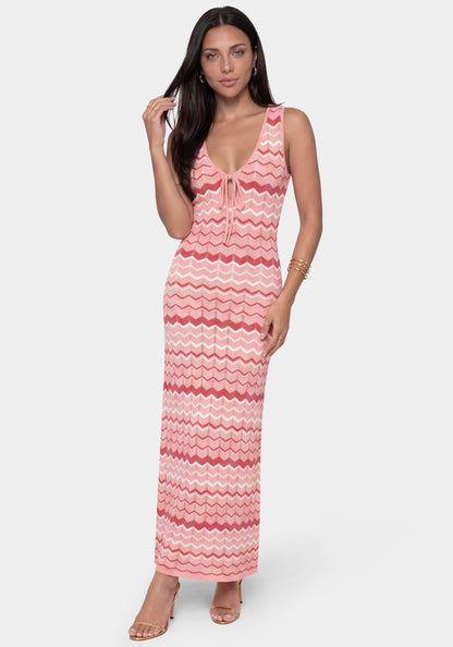 Stripe Crochet V-Neck Maxi Dress Pink/White - bebe