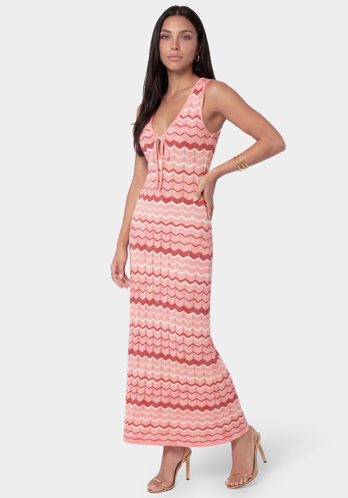 Stripe Crochet V-Neck Maxi Dress Pink/White - bebe