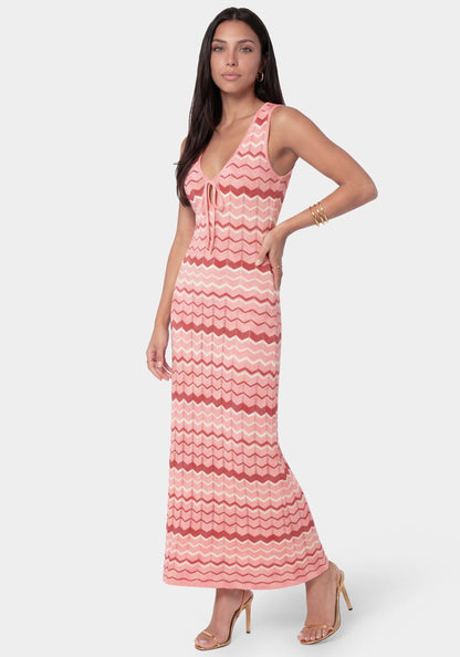Stripe Crochet V-Neck Maxi Dress Pink/White - bebe