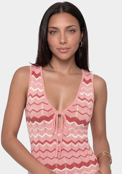 Stripe Crochet V-Neck Maxi Dress Pink/White - bebe
