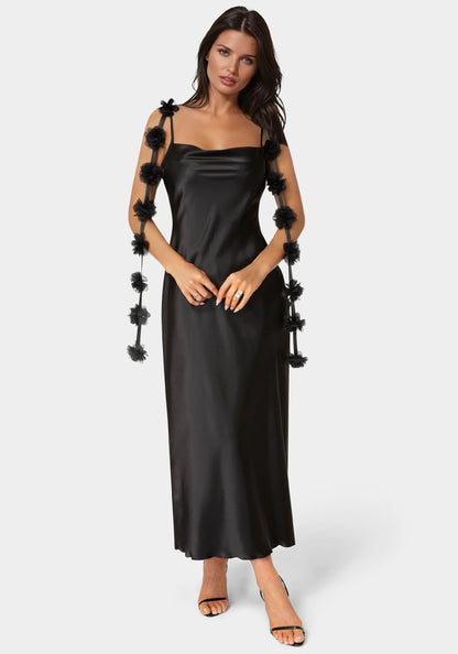 Cascading Floral Satin Maxi Dress Black - bebe