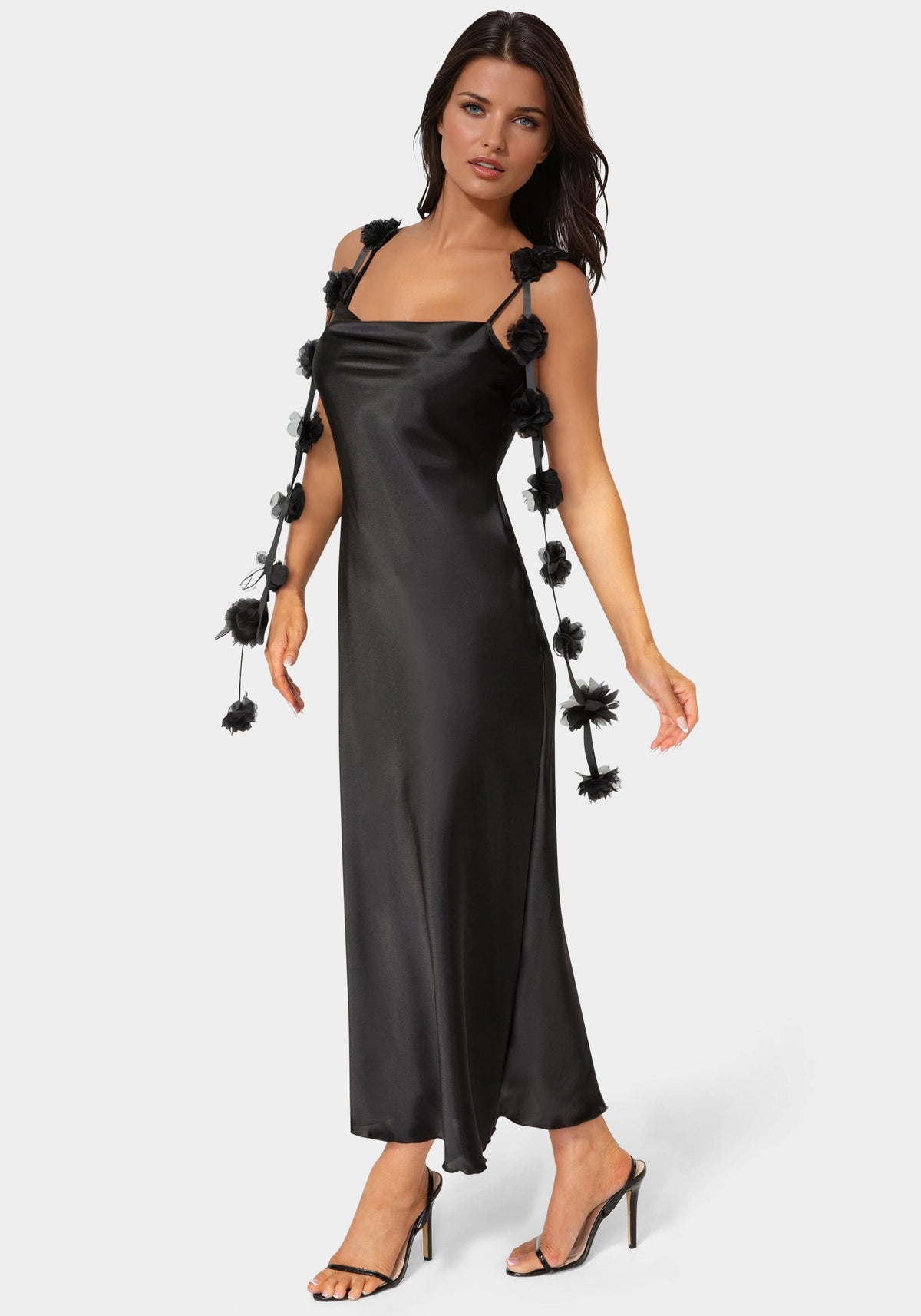 Cascading Floral Satin Maxi Dress Black - bebe