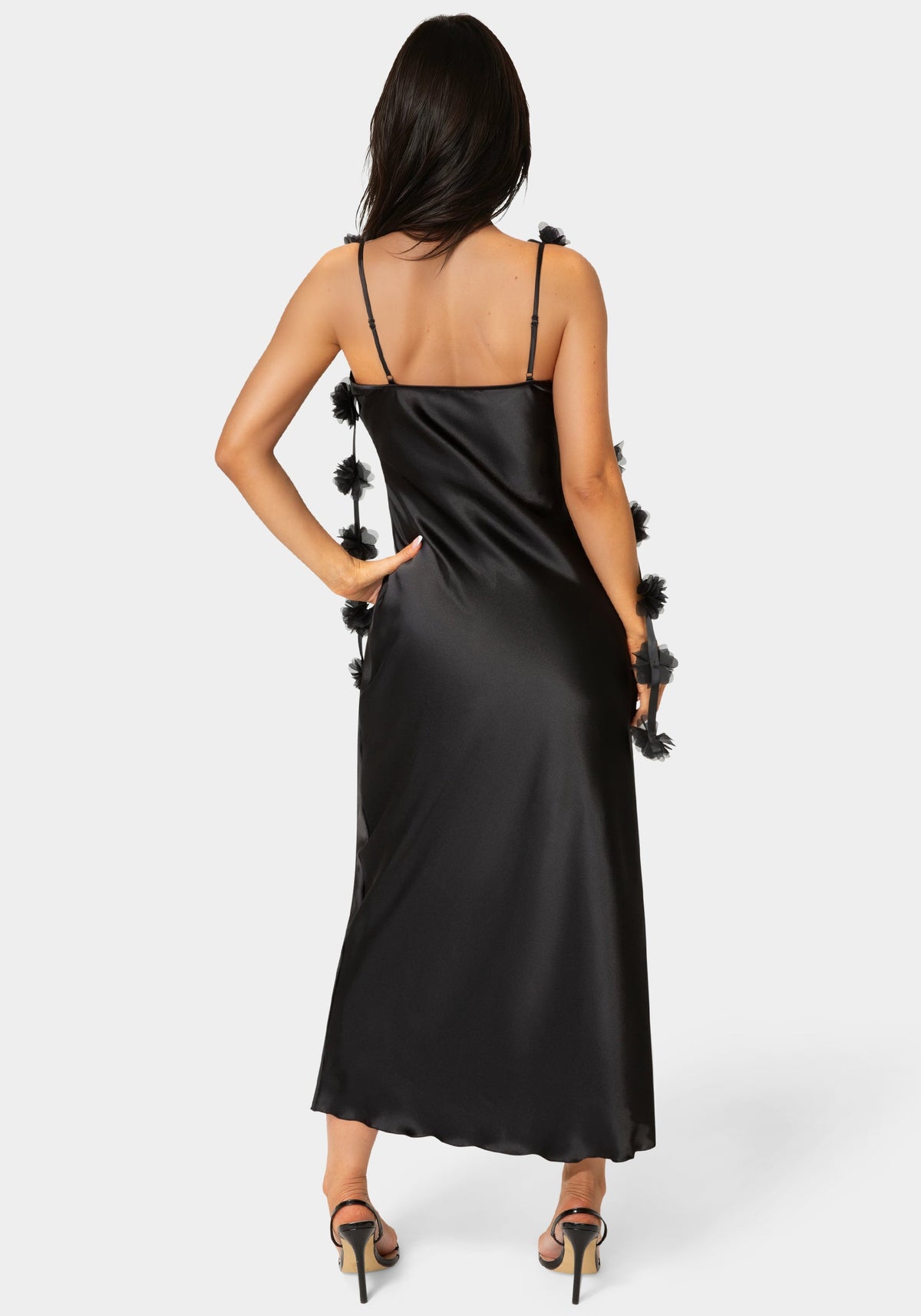 Cascading Floral Satin Maxi Dress Black - bebe