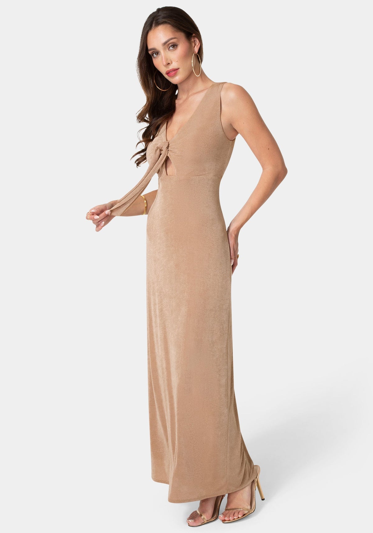 V-Neck Cutout Tie Maxi Dress Mocha - bebe
