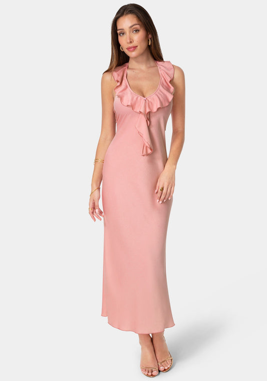 Crushed Satin Ruffle Halter Maxi Dress Rose - bebe