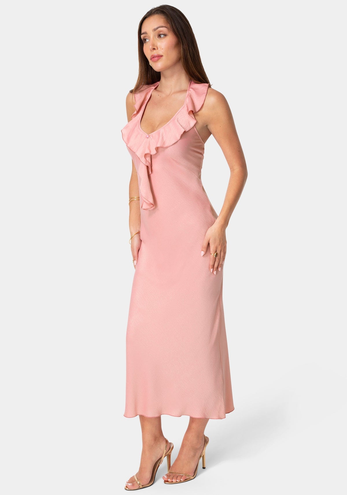 Crushed Satin Ruffle Halter Maxi Dress Rose - bebe