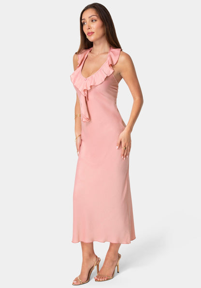 Crushed Satin Ruffle Halter Maxi Dress Rose - bebe