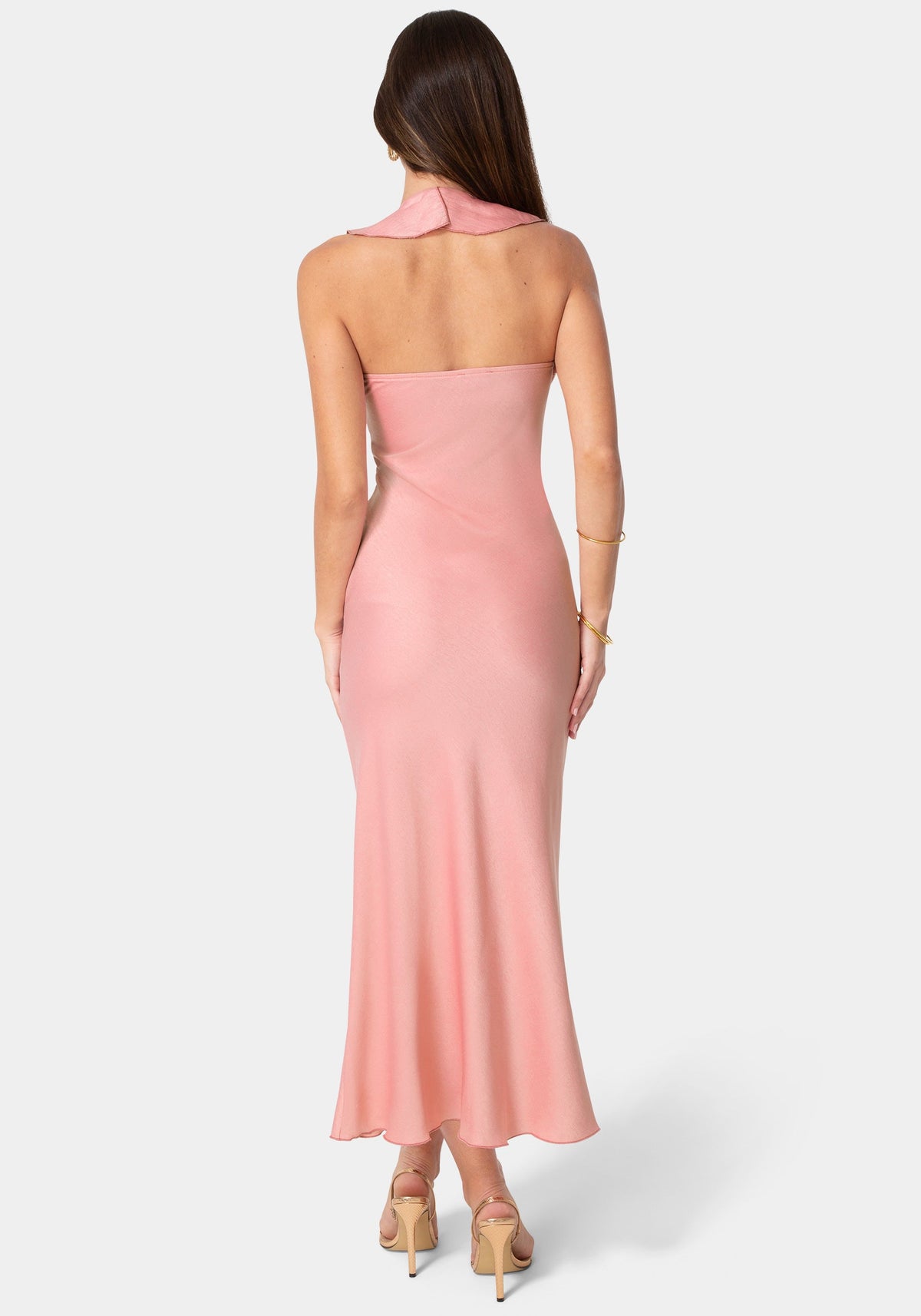 Crushed Satin Ruffle Halter Maxi Dress Rose - bebe