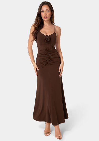 Jersey Rosette Shirred Maxi Dress Chocolate - bebe