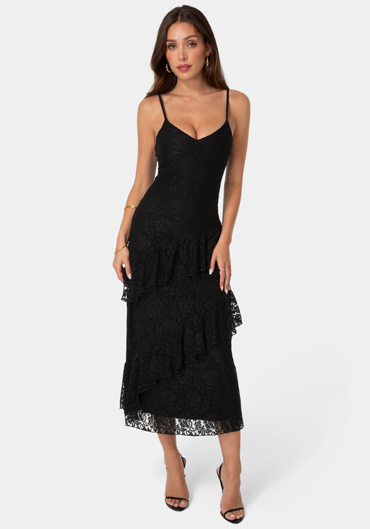 Lace Ruffle Maxi Dress Black - bebe