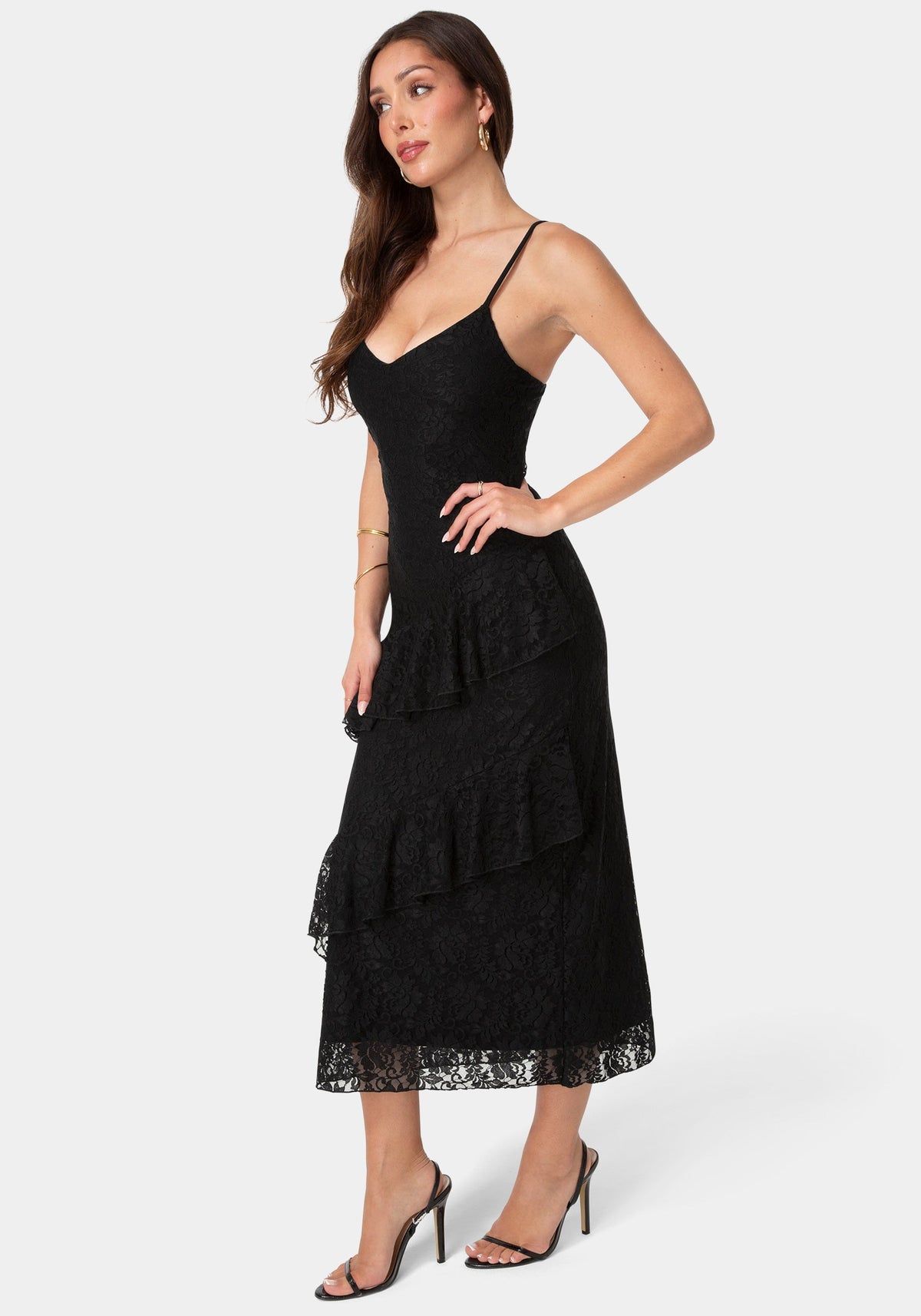 Lace Ruffle Maxi Dress Black - bebe