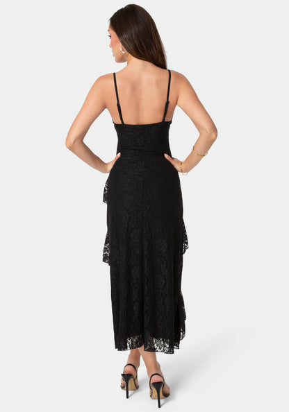 Lace Ruffle Maxi Dress Black - bebe