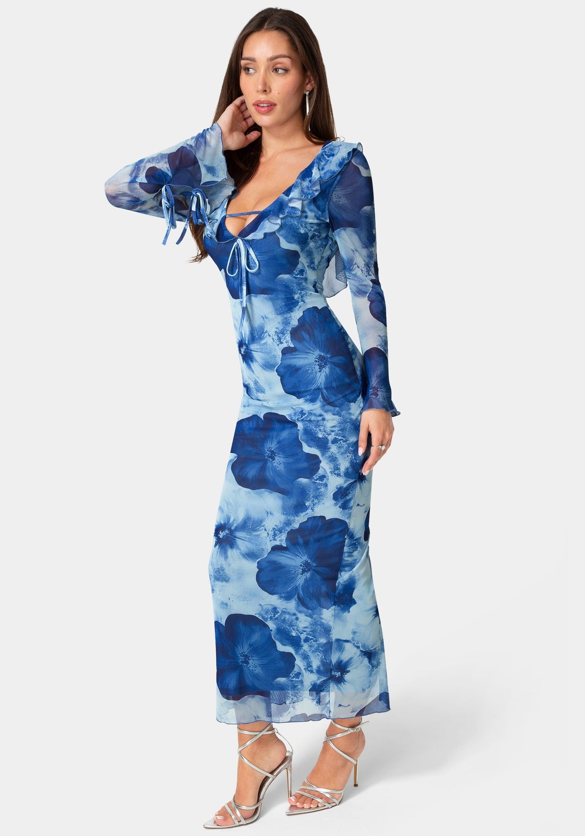 Ruffle Detail Mesh Maxi Dress Blue Multi - bebe