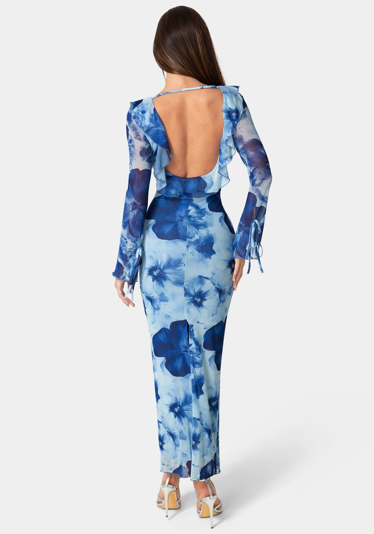 Ruffle Detail Mesh Maxi Dress Blue Multi - bebe
