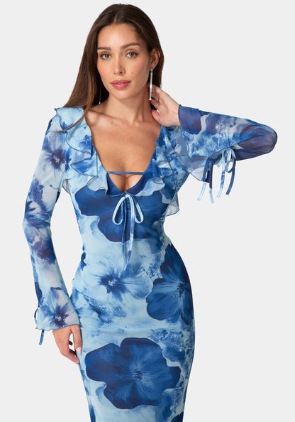 Ruffle Detail Mesh Maxi Dress Blue Multi - bebe