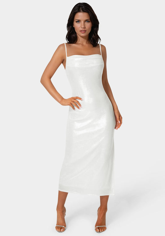 Foil Metallic Slinky Cowl Maxi Dress Ivory/Silver - bebe