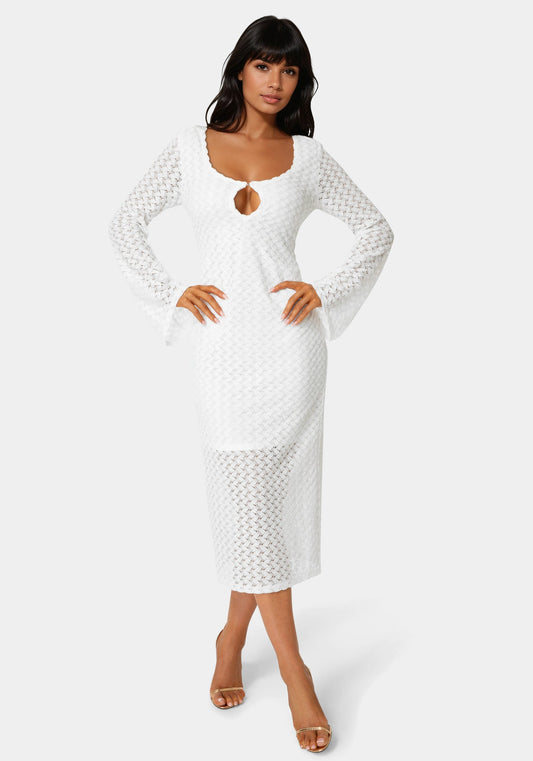 Long Sleeve Cutout Crochet Maxi Dress White - bebe