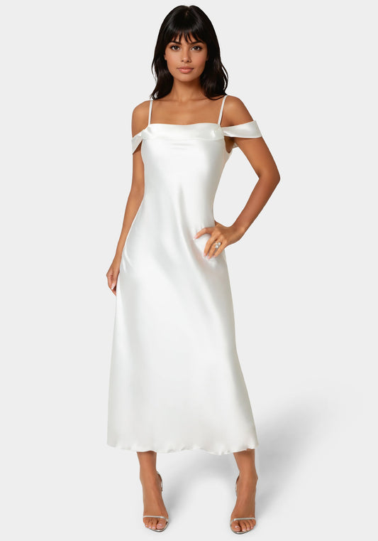 Drape Shoulder High Slit Satin Maxi Dress Ivory - bebe