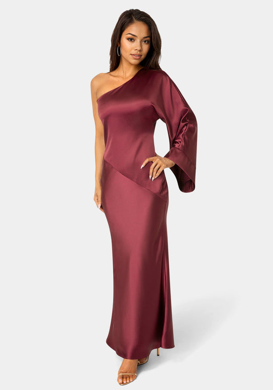 One Shoulder Bell Sleeve Satin Maxi Dress Wine - bebe