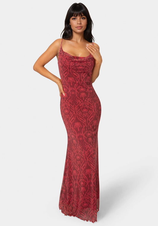 Printed Mesh Cowl Gown Merlot - bebe